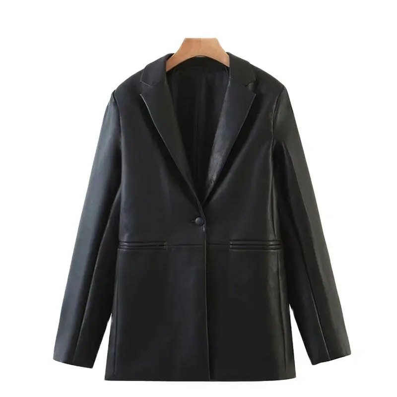 

Women Fashion Faux Leather Single Button Blazers Coat Vintage Long Sleeve Pockets Female Outerwear Chic Tops