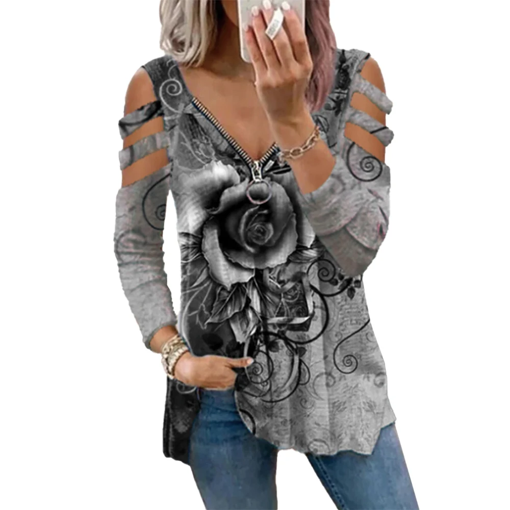 

Женская Свободная Повседневная футболка с принтом роз, Осенние Ажурные топы с длинным рукавом, сексуальный топ на молнии с V-образным вырезо...