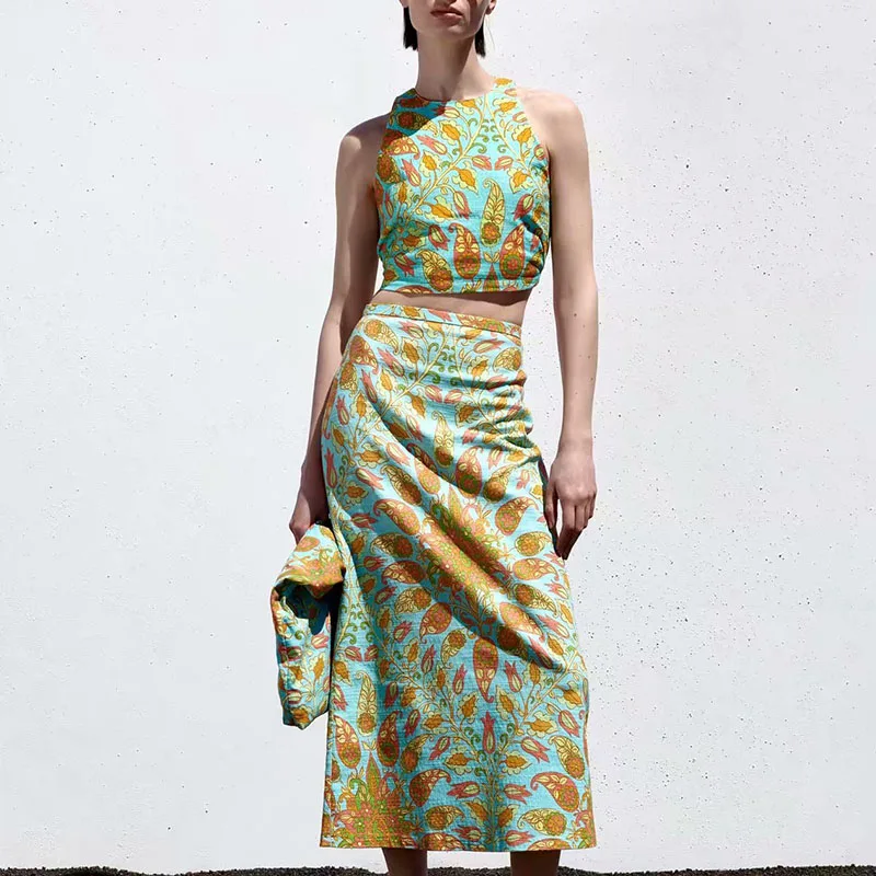 

Women Summer Slim Casual Suits 2-piece sets 2021 ZA Print Short Blouses Tops and Skirts Female Street Fashion Two-pieces Set