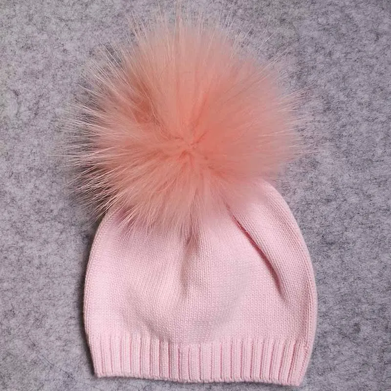pink5 Новые Мягкие вязаные шапки с помпоном из натурального меха для маленьких мальчиков и девочек, детские зимние Хлопковые вязаные шапки с меховым помпоном, шапки для новорожденных - Цвет: pink5