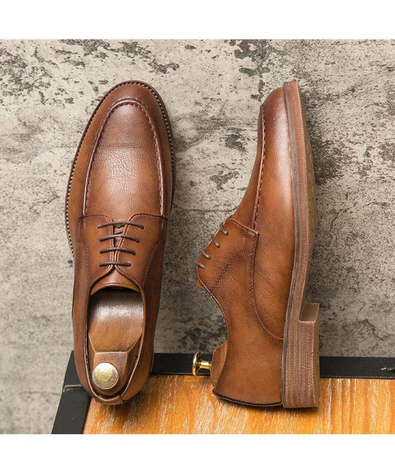 

Men's Handmade Retro Brown PU Lace-up Dress Derby Shoes High Quality Classic Fashion All-match Business Casual Shoes 6KF017