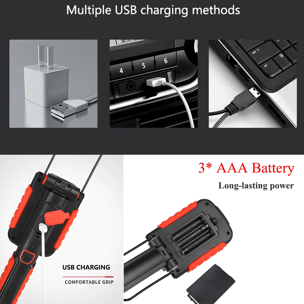 Портативный светодиодный фонарь Магнитный фонарик USB Перезаряжаемый ремонт Рабочая лампа 13* SMD красный свет факел подвесной крюк факел