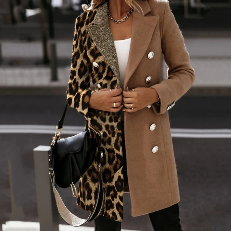 

Женский двубортный кардиган на пуговицах, элегантная повседневная верхняя одежда в стиле пэчворк с леопардовым принтом, осень-весна