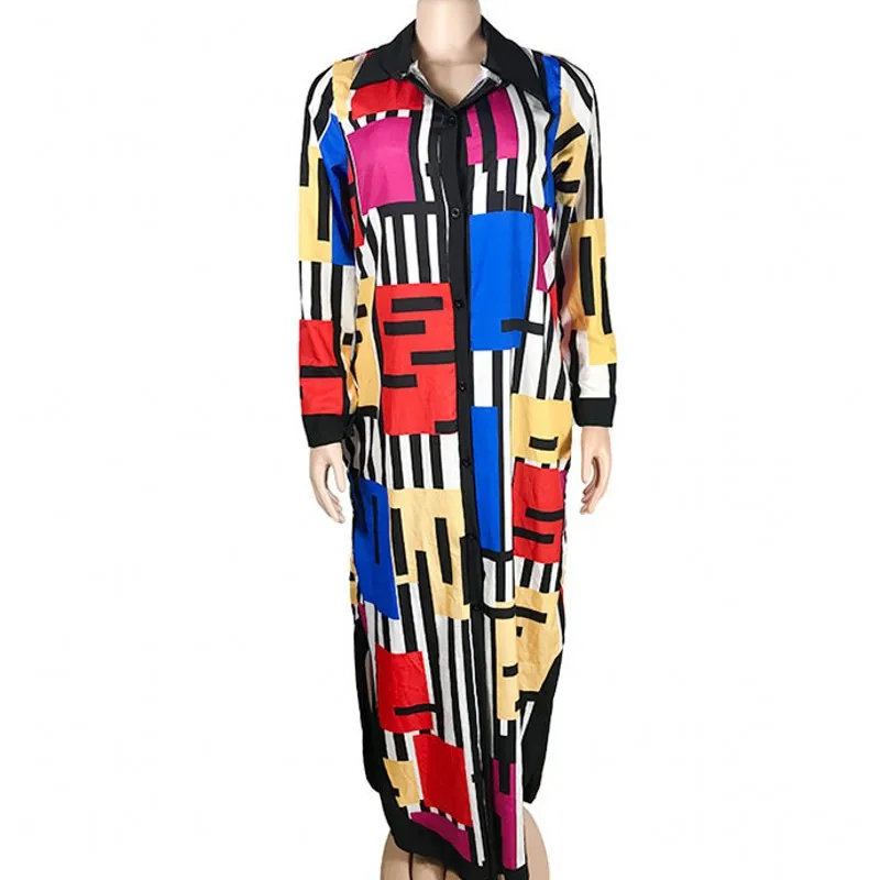 

Long African Shirt Dress Women Breasted Single Loose Robes Boubou 2021 New Dashiki Print Bazin Riche African Office Lady Dresses