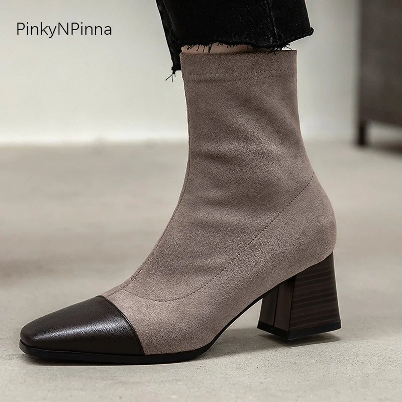 

fashion elegant soft flock women winter fall chunky heels ankle boots plus size slip on office commuter chic booties sale price