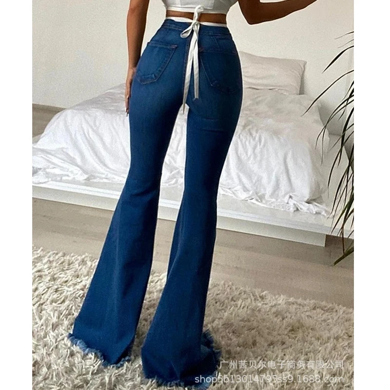 

Брюки-клеш Wepbel женские с широкими штанинами, уличная одежда, модные узкие джинсы с завышенной талией, рваные джинсовые брюки с дырками