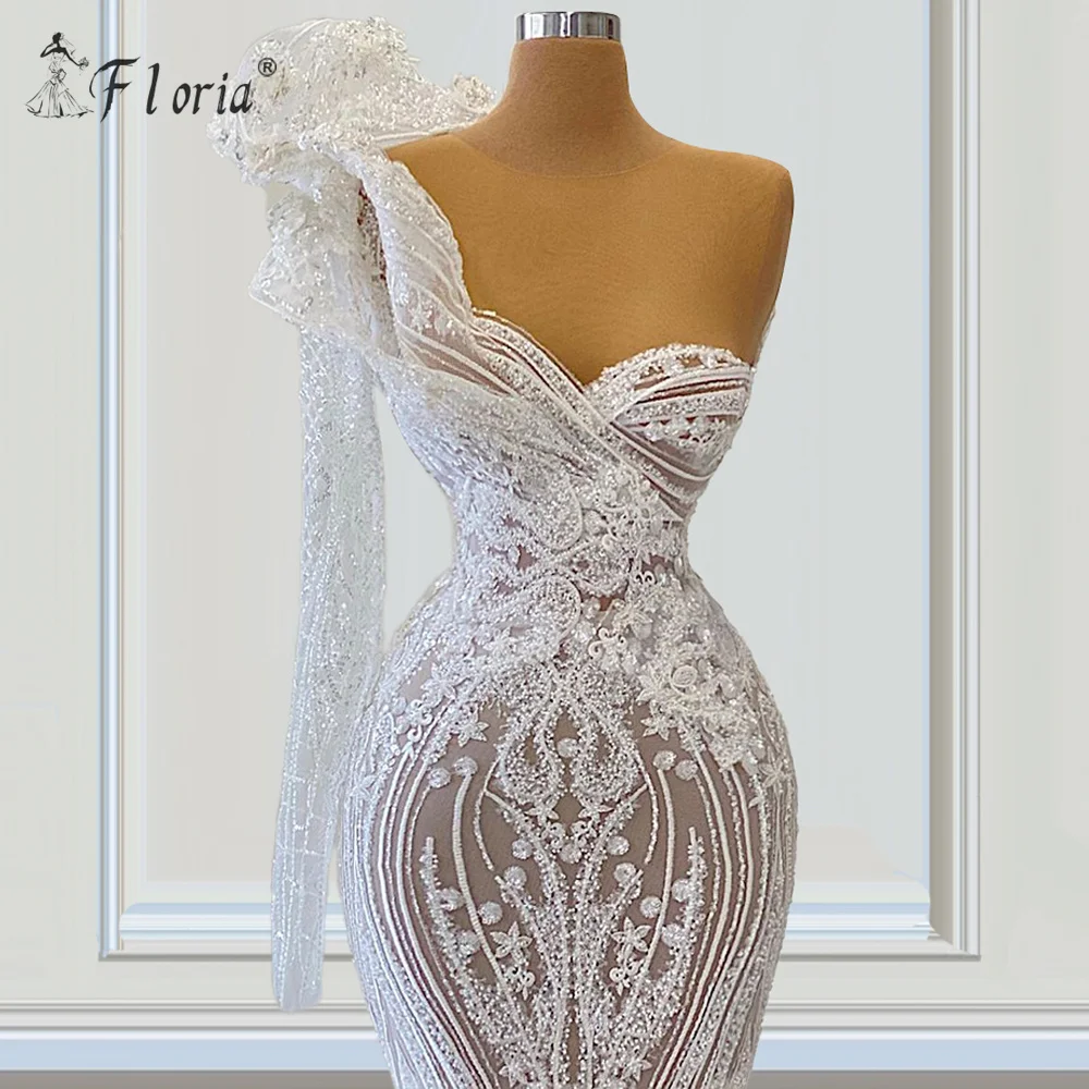 

Sexy Illusion Mermaid Evening Dresses 2021 One Shoulder Beaded Dubai Arabic Long Formal Evening Gowns robe de soiree