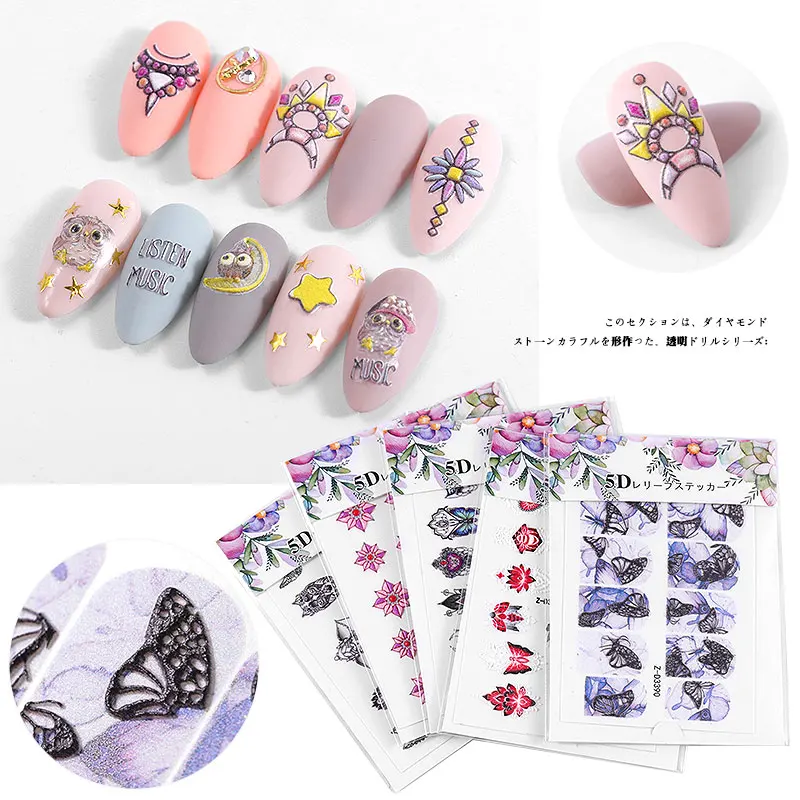 5D тисненые наклейки для дизайна ногтей акриловые гравированные бабочки пчелы