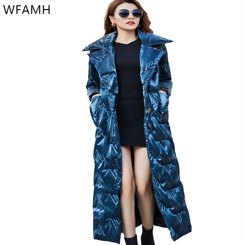 Dark Blue Shiny Light Thin Down Jacket Women 2023Winter New Long Over-the-knee White Duck Down Waist Warm Jacket 90%