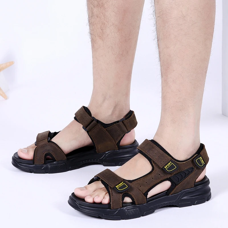 Сандалии мужские летние из натуральной кожи модная Уличная обувь плоская