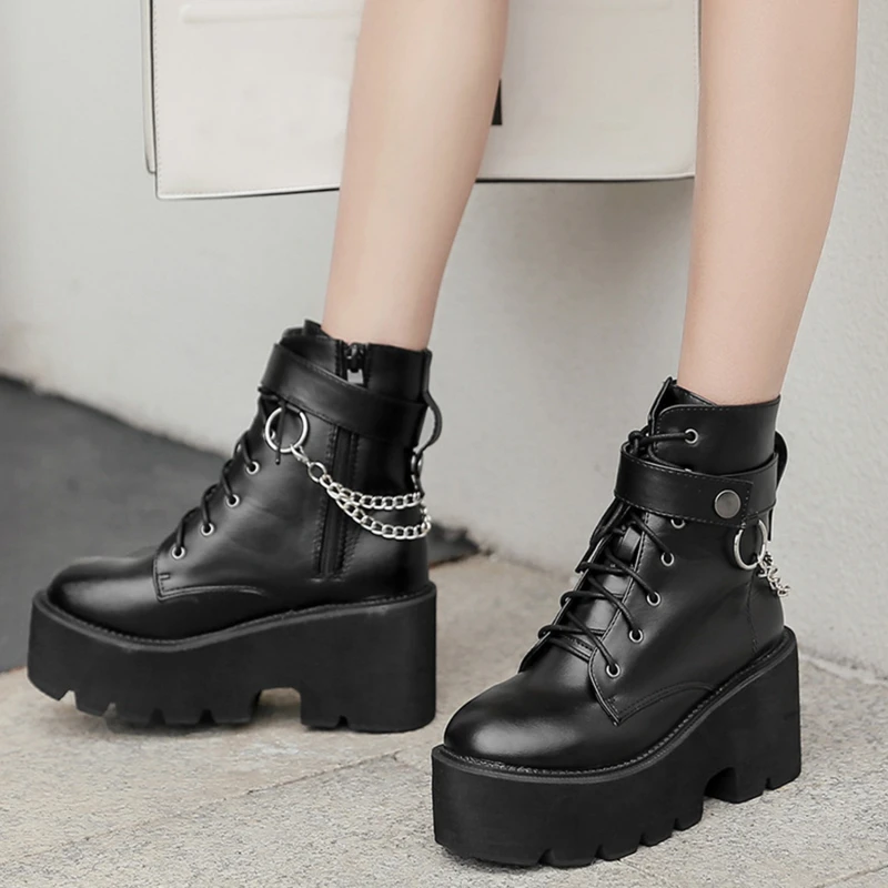 

Женские кожаные ботинки с цепочкой, черные ботинки на платформе, на блочном каблуке, в готическом стиле, в стиле панк, на осень