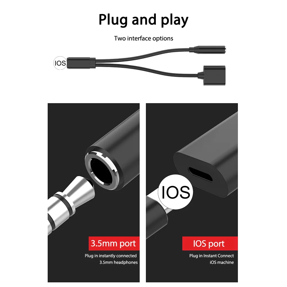 

2 in 1 Charging Audio Converter Cable 3.5mm Jack Earphone Adapter Music Playback + Rapid Charging Connection for iPhone