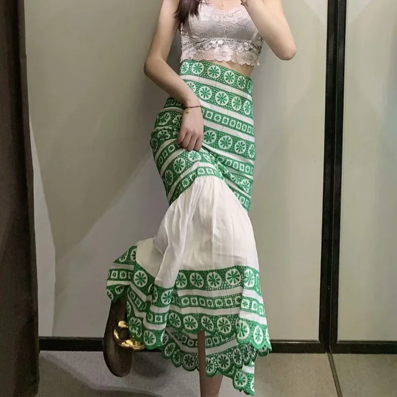 

VUWWYV Za Women Green Ruffle Skirt Embroidery Long Skirt Women Summer 2021 High Waisted Woman Skirts Vintage Midi Pleated Skirt
