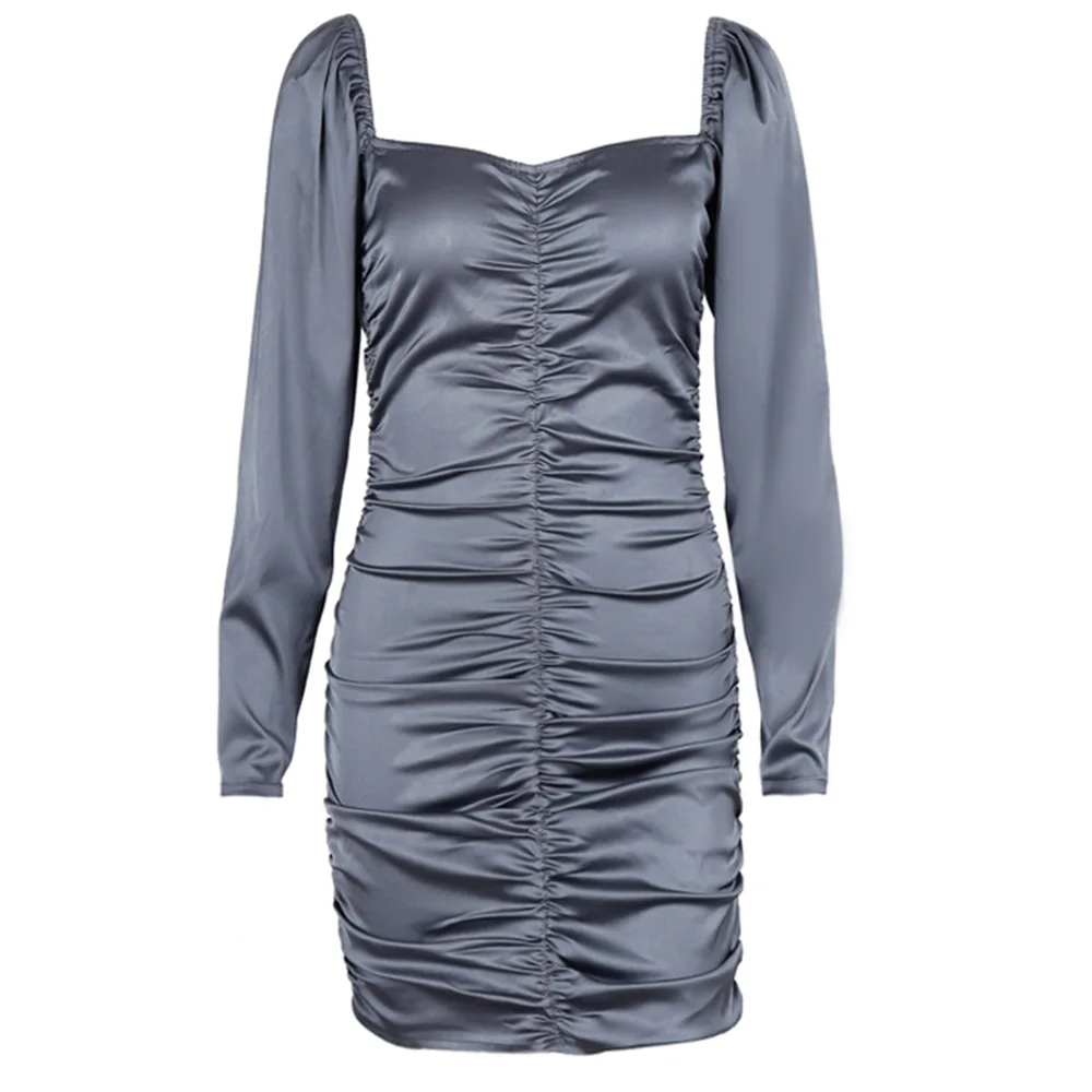 

#114 Fashion Pleated Sexy V-Neck Dresses 2021 Spring Summer Long Sleeve Mini Party Wear Pullover Satin Women's Dress
