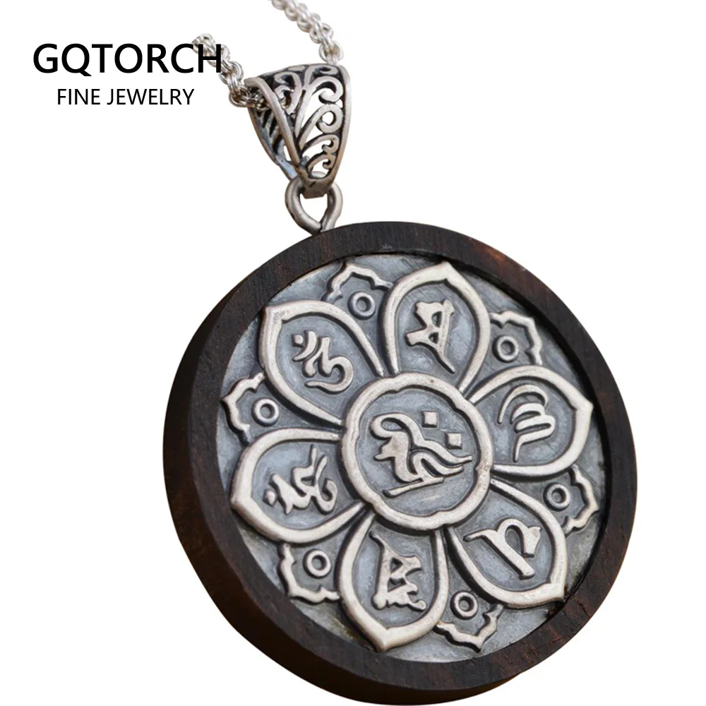 Настоящее 925 пробы серебро сандаловое дерево Подвеска мантра шесть слов резной