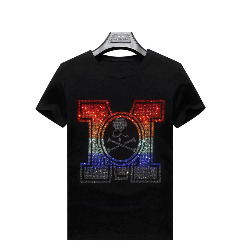 

2021 Skull Rhinestones Men T Shirts Short Sleeve Fashion Slim Clothing Streetwear O Neck Modal Cotton Tshirts Calaveras Camiseta