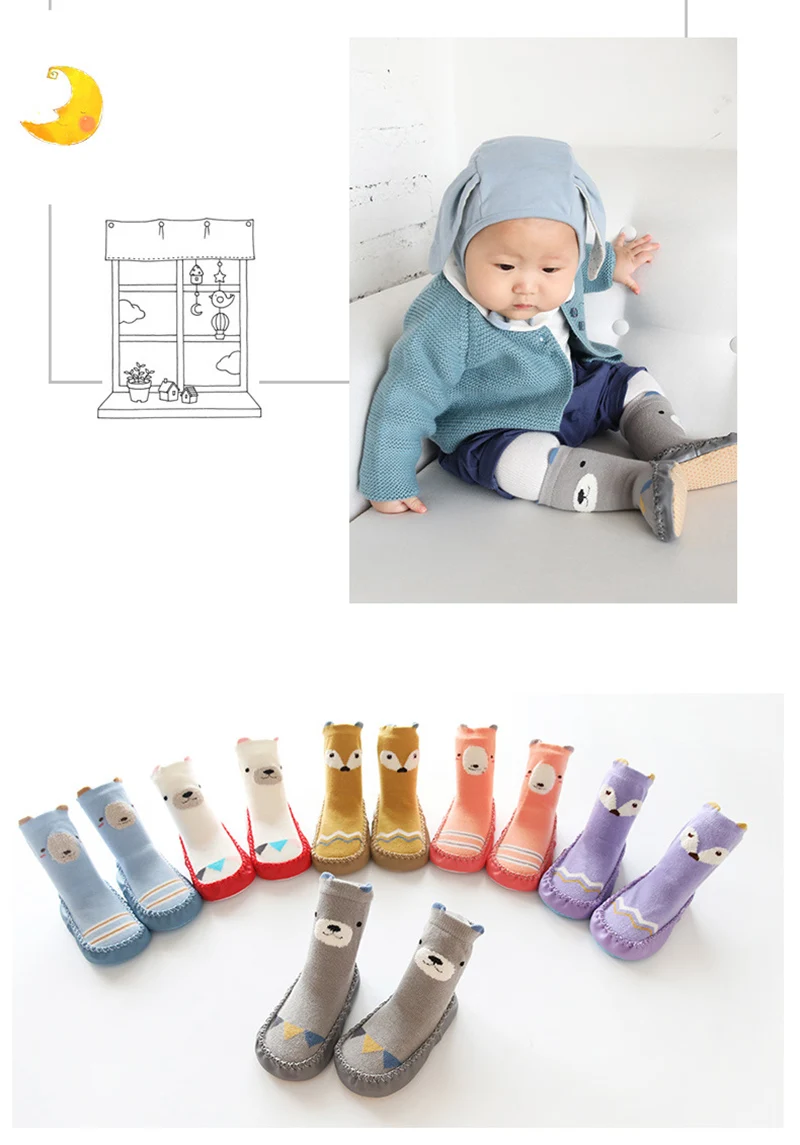 Cute Baby Girl Противоскользящие Носки Новорожденного Мультфильм Животных Теплые Хлопчатобумажные Носки Обувь Мальчик Мягкая Кожаная Подошва Младенческая Домашние Носки