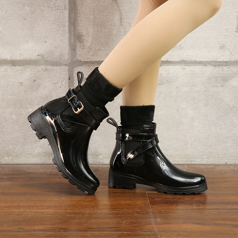 

boots women Short Boots Rain Shoes Non-Slip Patent leather Elastic Band Water Shoes Ankle Boots 2020