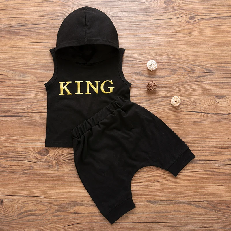 Newborn Baby Boys Clothes Set Letter Print Hoodie Sleeveless Black Sweatshirt Pants Outfits Baby Boy Summer Clothing Set