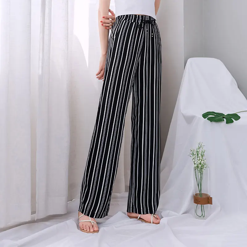 Черные Полосатые широкие брюки для женщин 2019 Летние шифоновые свободные белые