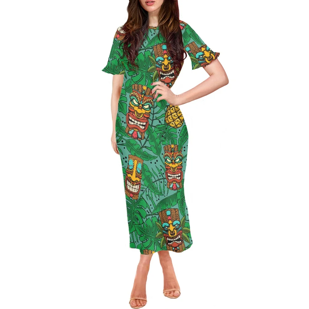 

2022 New Long Dress Plus Size Women Tropical Palm Leaf Maxi Dress Collage Totem Pattern Short Sleeve Clothing Factory Price