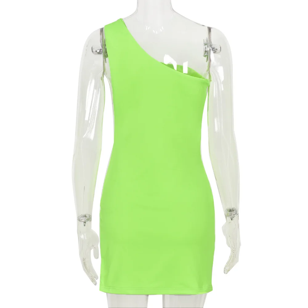 

wsevypo Sexy Fluorescent Green Short Irregular Dress Women Hollow Out One Shoulder Straps Dress O-ring Side Slit Mini Dress