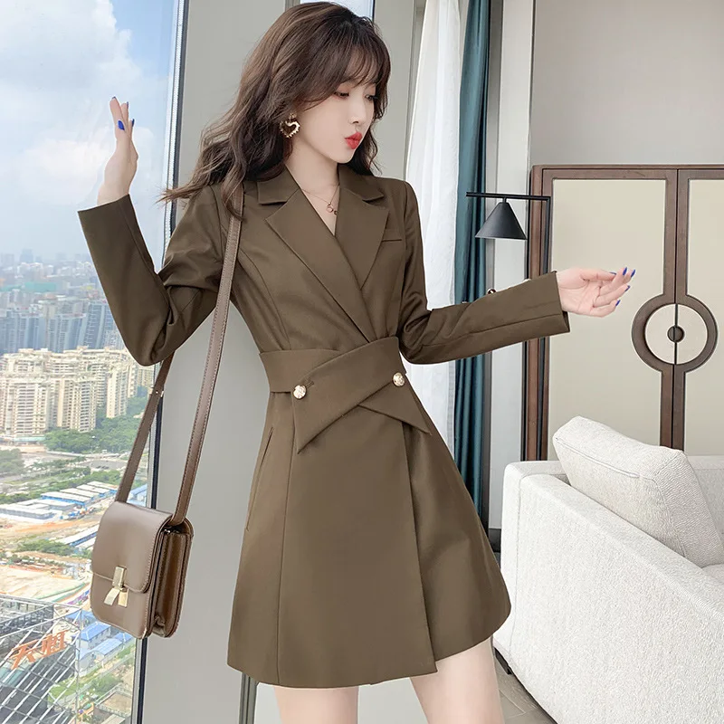 

Long-Sleeved Suit Skirt 2021 Autumn New Temperament Suit Collar Fashionable Women's Dress Was Thin Retro Dress
