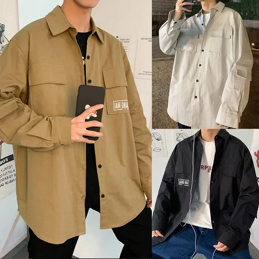 

Workwear Shirt Men Fashion Long Sleeves Tooling Shirt Pocket Men Loose Casual Jacket Top Workwear 2021