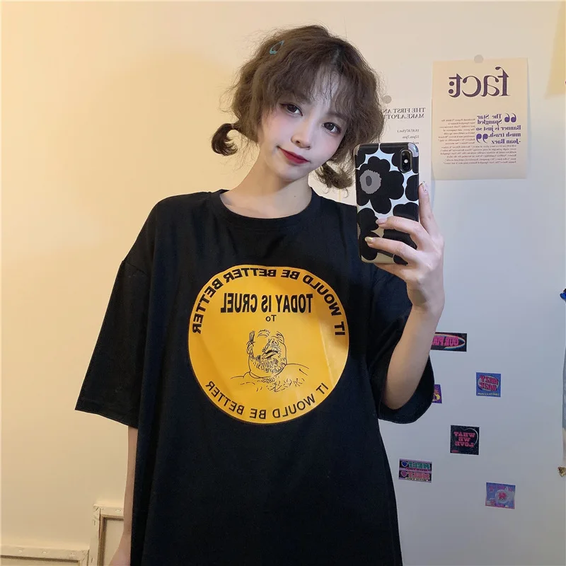 Женская хлопковая футболка с коротким рукавом свободная универсальная летняя