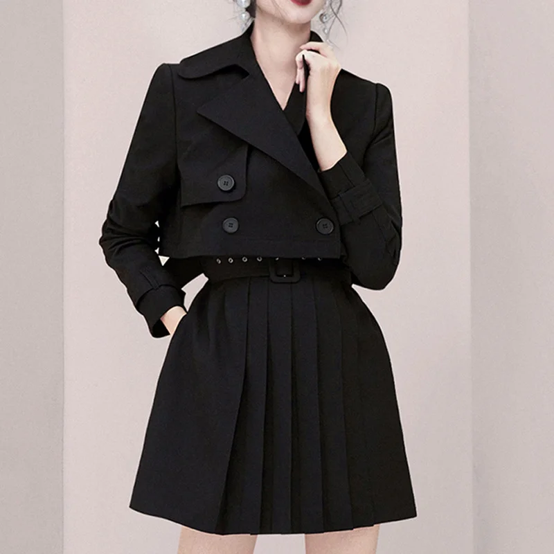 

JSXDHK Runway Fashion Office OL Two Piece Set High Quality Women Double-breasted Notched Short Coat +Mini Pleated Belt Skirt Set