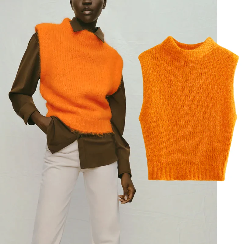 

Za Autumn New Women Solid Knitted Vest Sweater Sleeveless Female Fashion All-match Waistcoat Tops DA2178