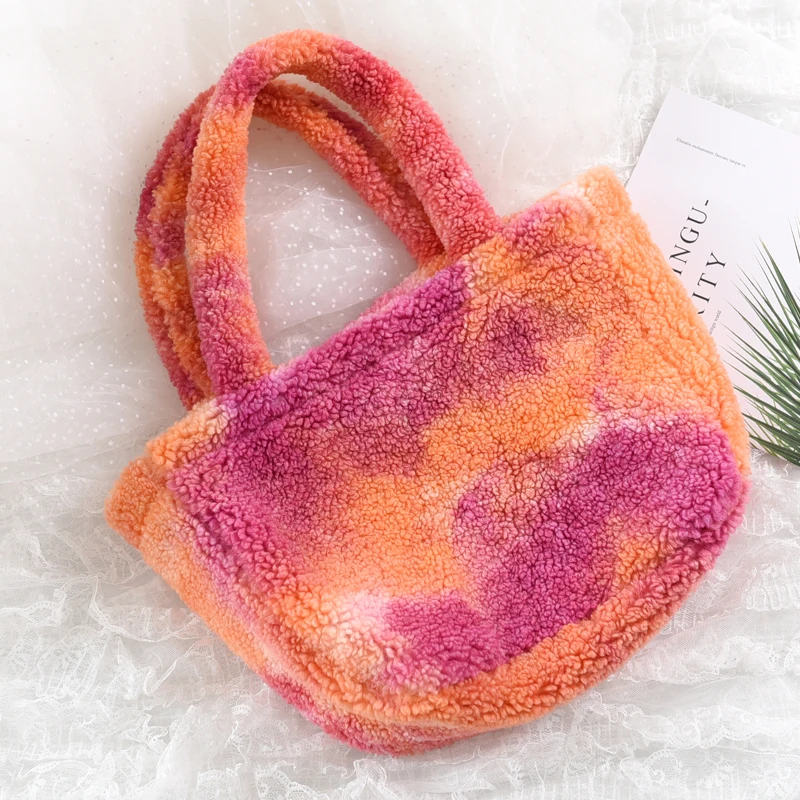 

Luxury Faux Lamb Fur Ladies Small Tote Elegant Plush Contrast Color Women Handbags Casual Large Capacity Female Shoulder Bags