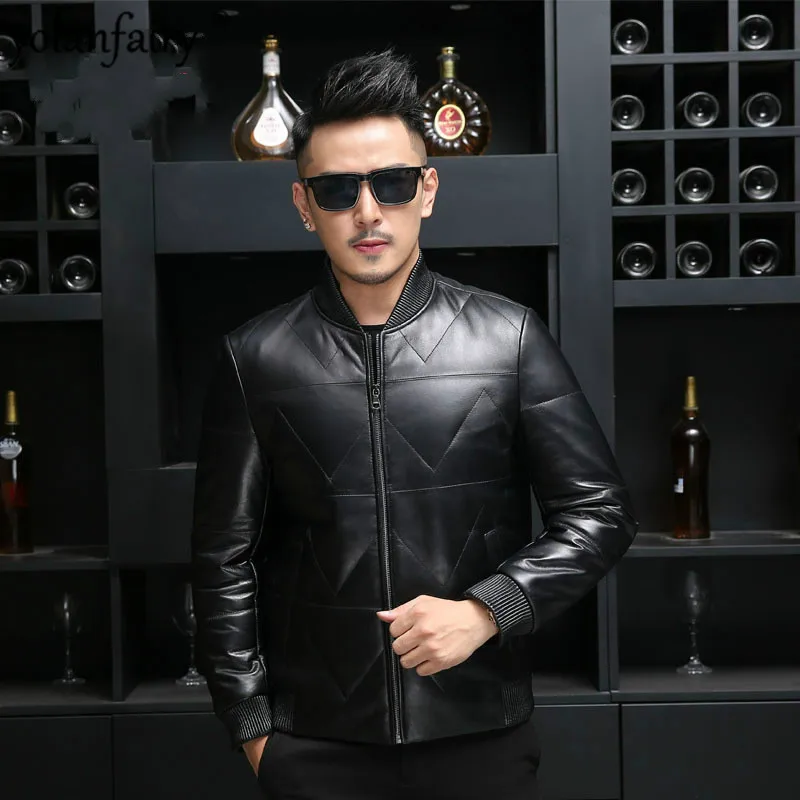 

Leather Jacket Men Winter Bomber Jacket Real Sheepskin Coat Duck Down Baseball Jackets Plus Size Jaqueta De Couro 18016 YY531