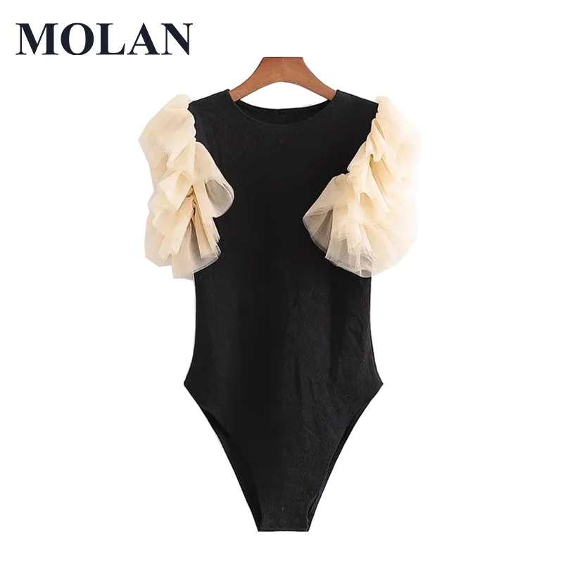 

MOLAN Women Knitted Bodysuits Sexy Fashion Patchwork Ribbed Vintage Tulle Sleeve Stretch Slim Playsuits Female Chic Tops
