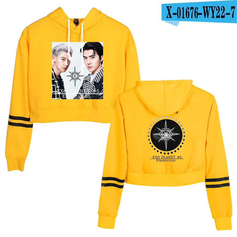 KPOP EXO PLANET#5, короткие толстовки с капюшоном, кофты, уличная одежда, топы, осень, EXO PLANET#5, женские толстовки с капюшоном, Harajuku, осень - Цвет: Светло-желтый
