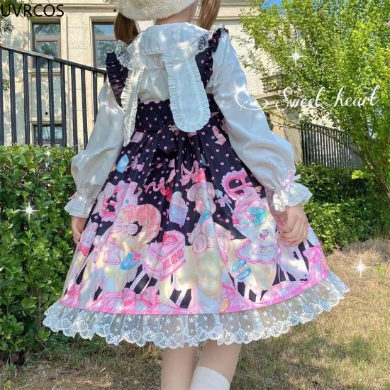 

women Lolita Sleeveless Dress Spring Fall Japanese style Black Ivory classic print jumper skirt Lady Chic Lace Ruffles Bow Dress