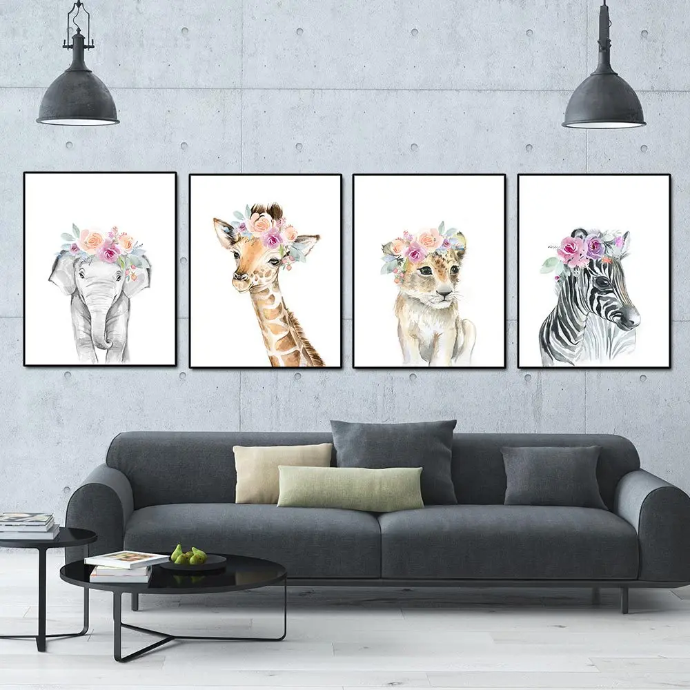 

Baby Animal with Pink Flower Elephant Lion Wall Art Nordic Posters and Prints Canvas Painting Wall Pictures for Kids Room Decor