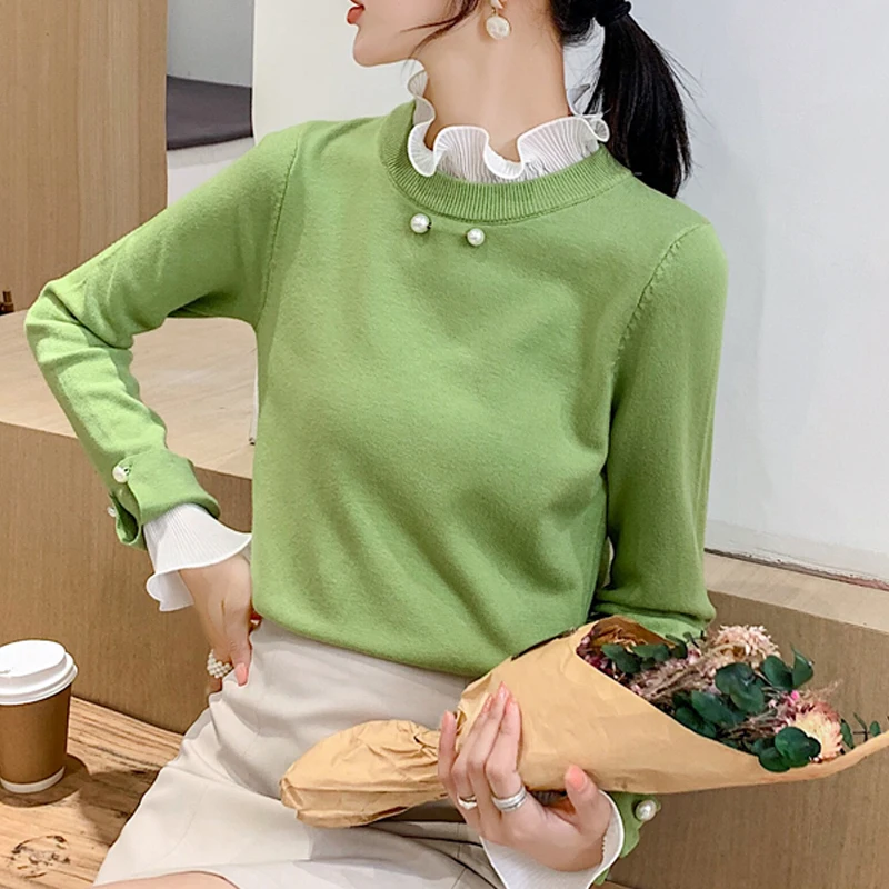 Вязанные блузки осень 2019 новые тонкие шифоновые с длинным рукавом и