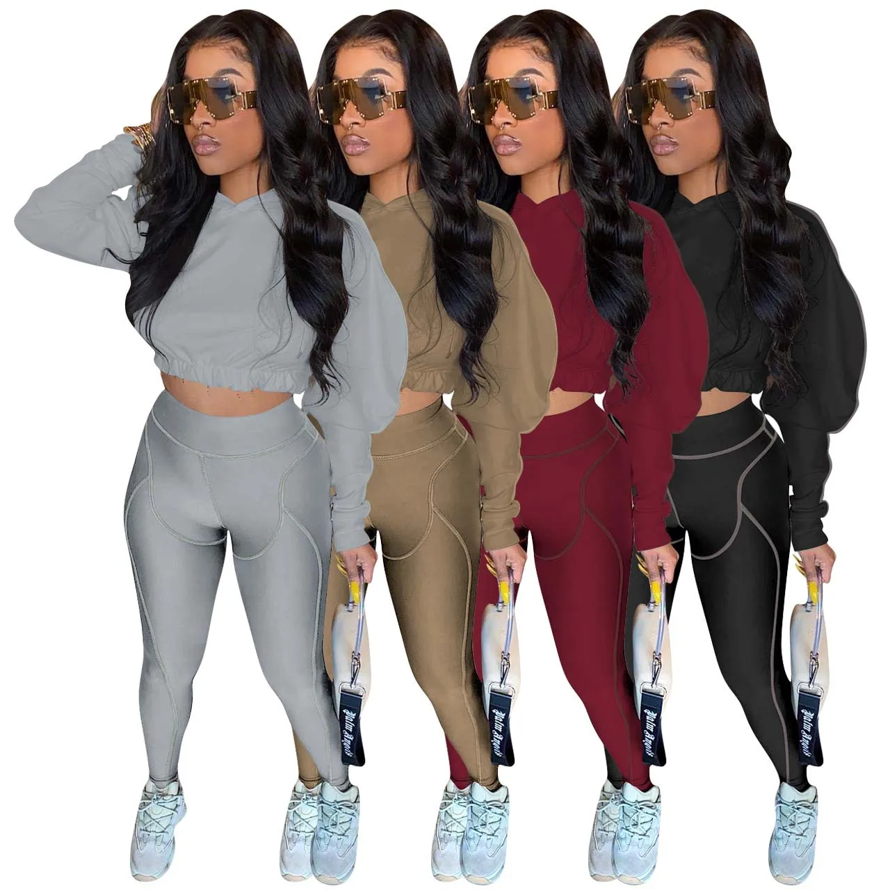 European and American Women's Casual Sports Show Waist Two-piece Suit