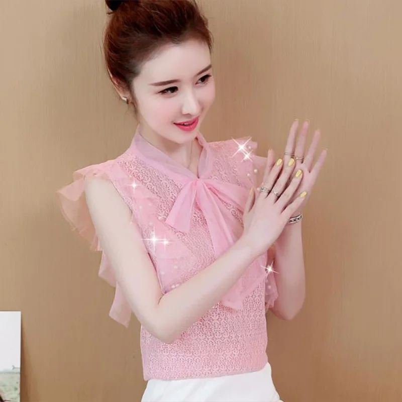 

Женская весенне-летняя стильная сетчатая блузка, женская рубашка без рукавов с бантом, однотонные кружевные повседневные топы SP055