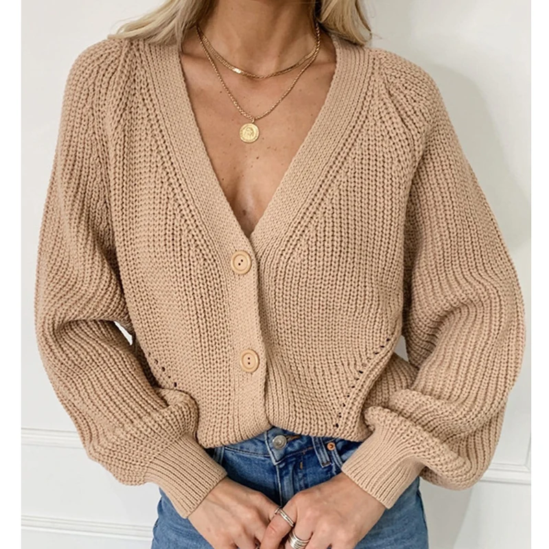 

LJSXLS Women Knitted Open Stitch Sweater Autumn Long Sleeve Clothes Loose Coat Casual Button Solid V Neck khaki Female Tops 2021
