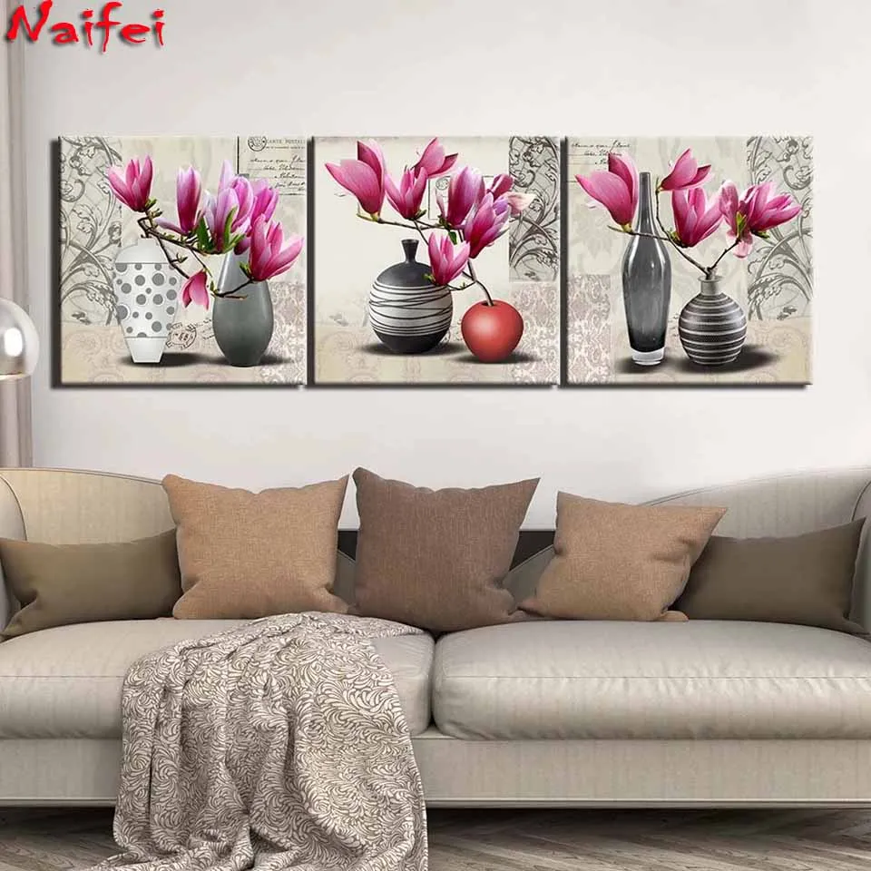

Retro Pink Flower Pictures 3 Pieces Wall Art Diy Diamond Painting Lily Flowers for Living Room Home Decor Still Life Triptych