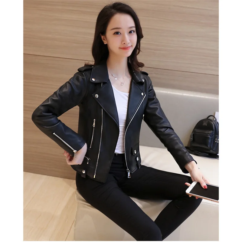 

Short Fake Leather Jacket Women Top 2021 New Spring And Autumn Korean Plus Size Lapel Temperament Black PU Leather Coat GH233