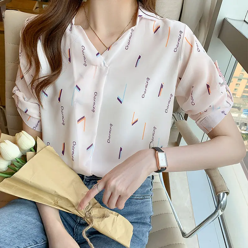 

2021 New Summer Women Blouses Casual Loose Student Short Sleeve V-Neck Chiffon Shirts Fashion Elegant Office Lady Tops Clothing