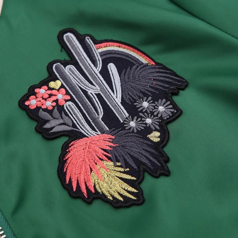 

New Spring Autumn Jacke 2021 Women Fashion O-Neck Green Embroidered Flowers Loose Plus Size Coat Female Baseball Uniform HD255