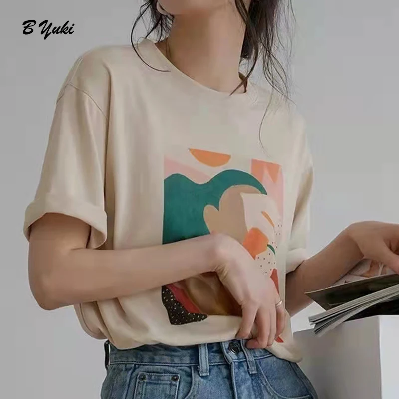 Футболка женская оверсайз с принтом круглым вырезом и коротким рукавом | Женская