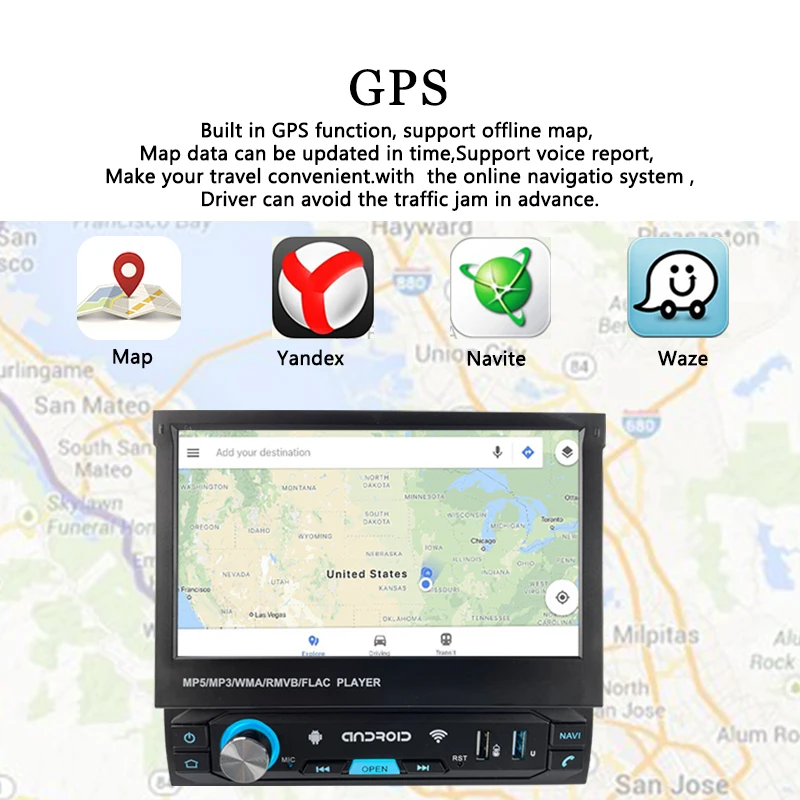 Автомагнитола 1 Din Android 7 ''стерео приемник GPS-навигация 3 USB Carplay Bluetooth 4.0 WIFI