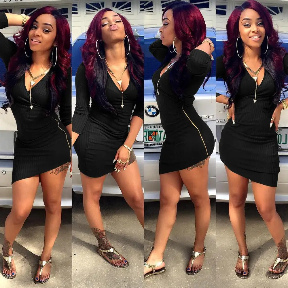 

Spring And Autumn New Sexy Fashion Women's Wear Hot Sales Of Deep V-Neck Irregular Hip-Hugging Dresses