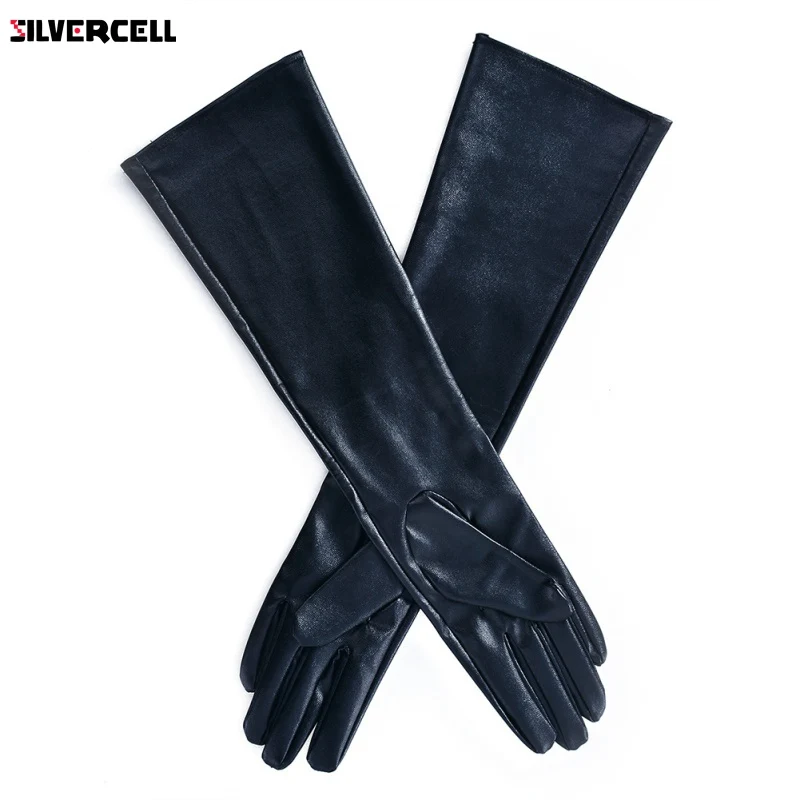 Women PU Faux Leather Elbow Gloves Winter Long Gloves Warm Lined Finger Gloves M-XL