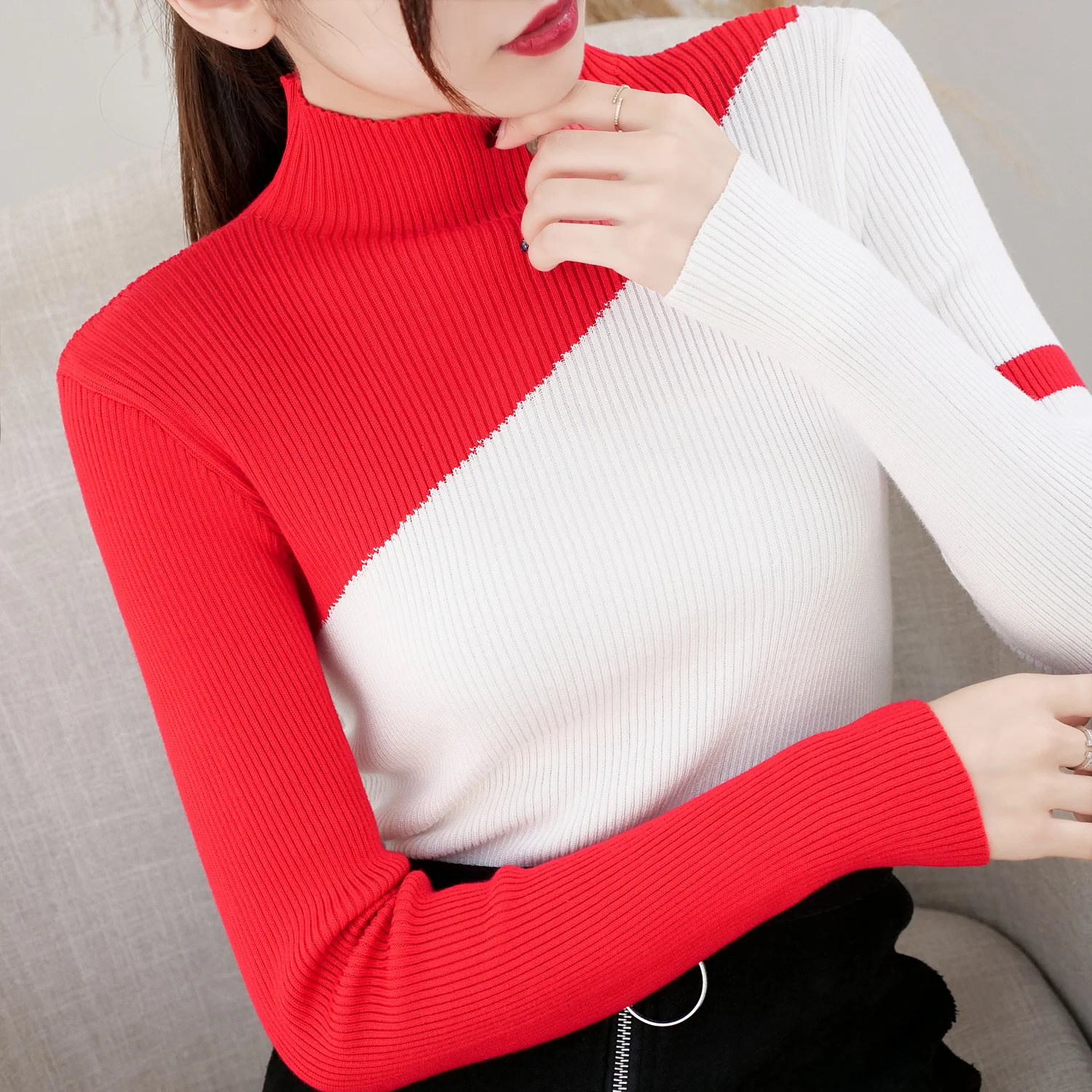 Autumn 2022 Semi-high Collar Knit Sweaters Women Tops Patchwork Bottoming Shirts Slim Winter Clothes Turtleneck 6998 50 | Женская одежда